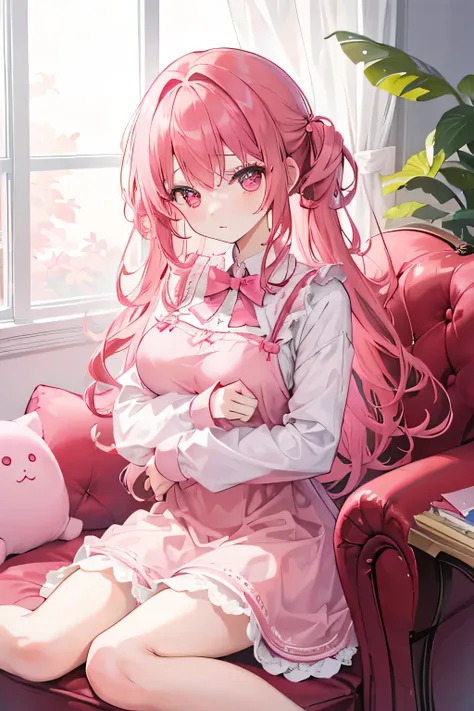 1girl,redish-pink-ta-dress,redish-pink-curly-long,hair,pinkish-bedroom,hugging-a-heartshape-softtoy,sitting,pink-red-gaming-chair