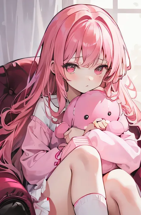 1girl,redish-pink-ta-dress,redish-pink-curly-long,hair,pinkish-bedroom,hugging-a-heartshape-softtoy,sitting,pink-red-gaming-chair,white-pink-knee-socks