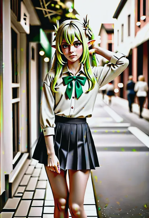 masterpiece , The best quality,Nahida(Genshin Impact) ,1 girl , small chest,long hair ,lateral collection, hair ornament , by white , Green hair , hand behind head:1.5,CABELLO MULTICOLOR, elf , pointed ears , school uniform , skirt ,cardigan,path , street,...