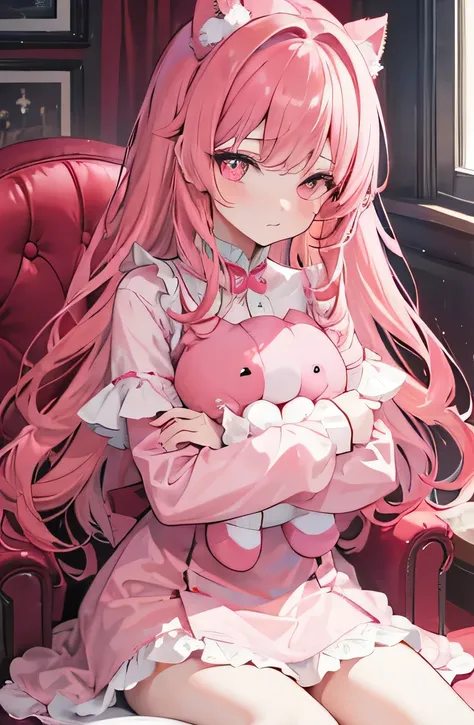 1girl,redish-pink-ta-dress,redish-pink-curly-long,hair,pinkish-bedroom,hugging-a-heartshape-softtoy,sitting,pink-red-gaming-chair,pink-high-knee-socks