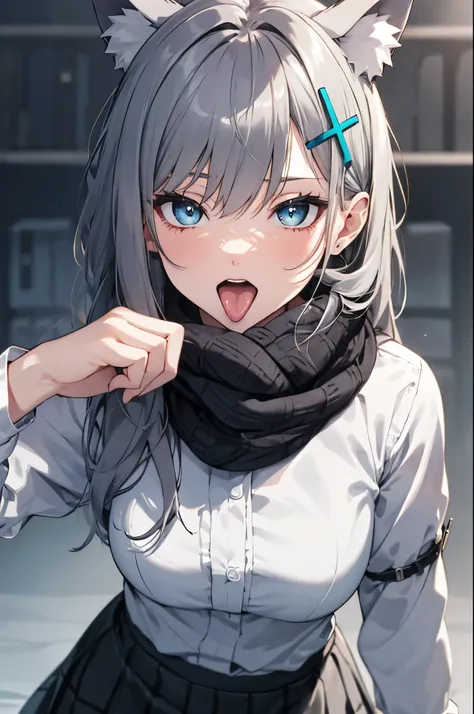 ((face close up)),open mouth,long tongue,(bukkake:1.3),shiroko, animal ears, blue eyes, grey hair, hair ornament, hairpin, halo, medium hair, wolf ears,
checkered clothes, checkered skirt, , skirt, scarf,perfect anatomy,masterpiece,high resolution, ultra-d...