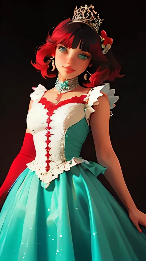 A photo of a TOK person, a dress inspired by the Queen of Hearts, with a style that mixes medieval and princess elements, suitable for a gala event. The dress will have details that refer to the theme of Alice in Wonderland, with colors characteristic of t...