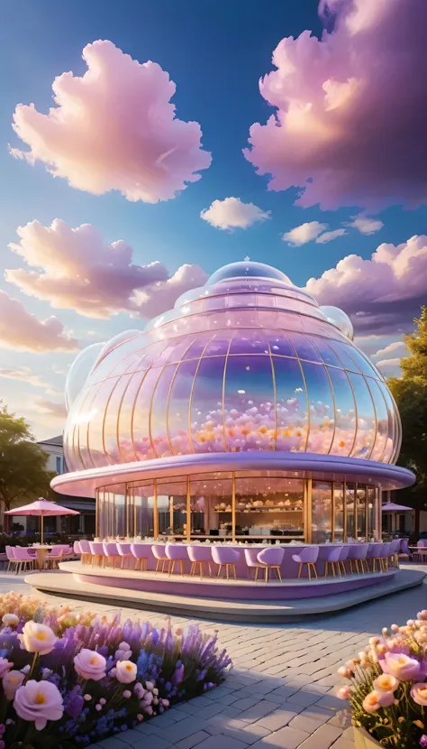 "A whimsical coffee shop with a surreal, floating design. The building is a single-story structure, made entirely of translucent crystal walls that shimmer with pastel hues of pink, blue, and lavender. The roof is a giant, floating coffee cup, from which d...