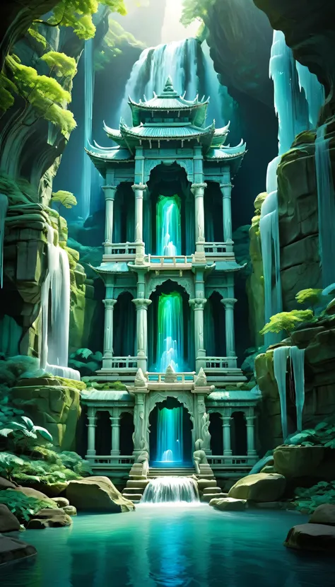 Luminescent Waterfall Temple: A temple built entirely from flowing water, suspended between two cliffs. The water glows with iridescent blues and greens, forming intricate arches and columns. Inside, statues carved from translucent ice emit a soft white gl...