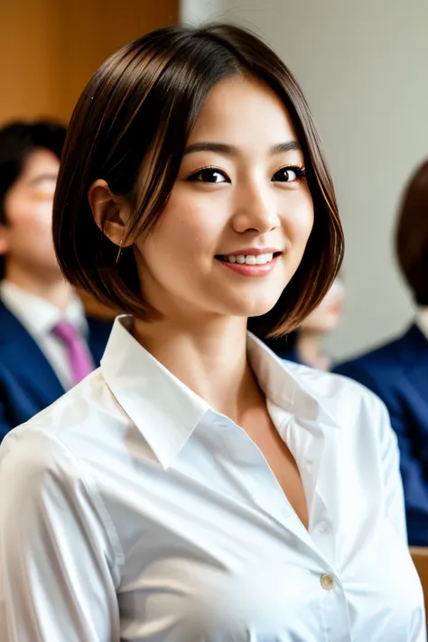 Japanese, Wearing a white shirt and navy suit, Professional atmosphere, Important Announcement, Laugh a little, Breast augmentation, Young Girl Photo, Too many model shoots, Brown Hair, short hair, (Watch the audience:1.2), (Detailed Students:1.3), (Natura...