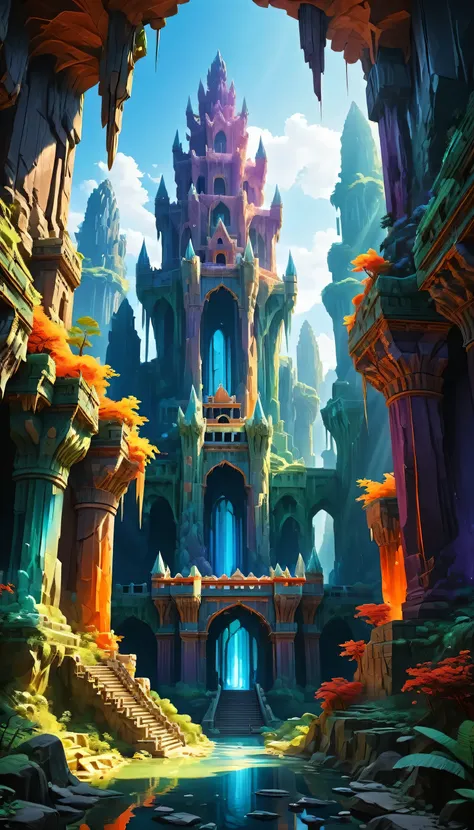 Crystal Chasm Palace: A sprawling palace suspended over a deep chasm, its walls made of glittering, prismatic crystals that radiate every color imaginable. The structure’s bridges and arches span the chasm, catching sunlight and splitting it into vibrant b...