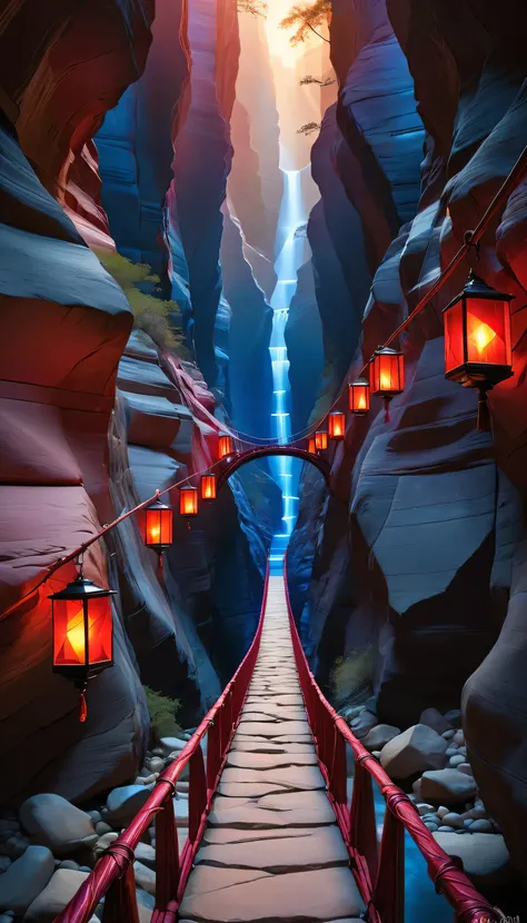 Ruby and Sapphire Canyon Bridge: A long, slender bridge stretching across a canyon, its sides made from intertwining ruby and sapphire beams. The reds and blues glow intensely, creating a brilliant contrast against the natural stone of the canyon. Along th...