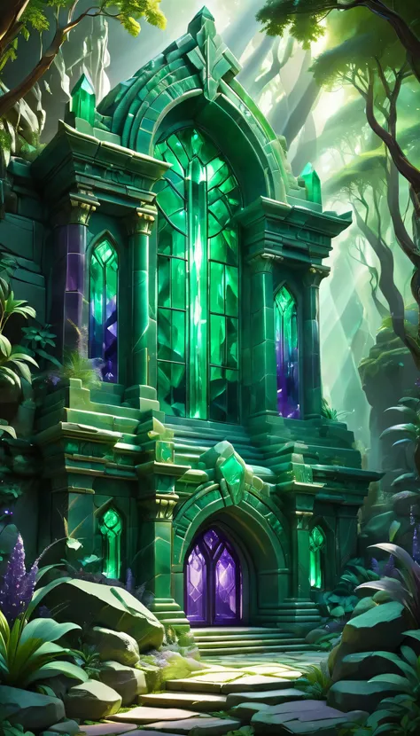 Emerald and Amethyst Sanctuary: A peaceful sanctuary made of intricate, interlocking emerald and amethyst crystals. The exterior shines in deep greens and purples, casting rich, luxurious tones over the landscape. Inside, the walls are adorned with glowing...