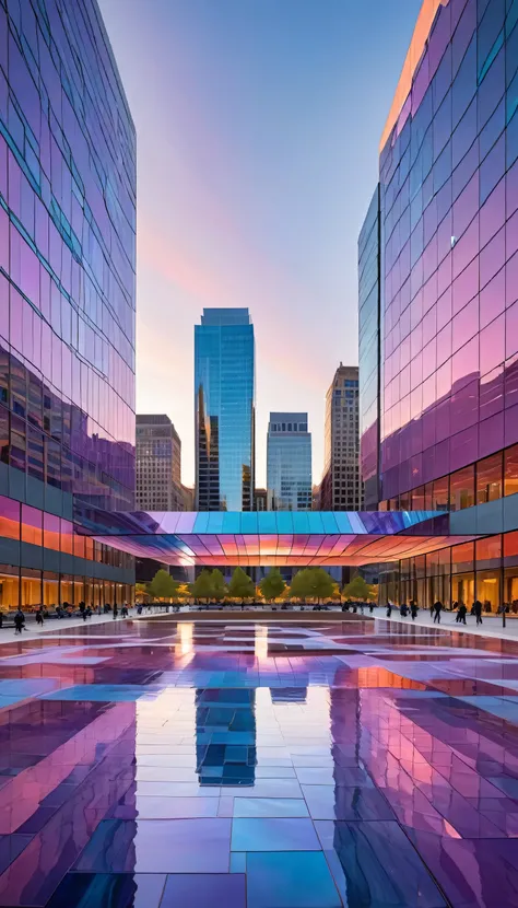 Iridescent Glass Plaza: A vast open plaza with smooth, flowing structures made entirely of iridescent glass. The buildings within the plaza shift in color, moving from pastel pinks and blues in the morning, to deep purples and oranges by evening. The struc...