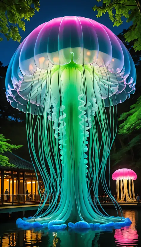 Fluorescent Jellyfish Pavilion: A floating, translucent pavilion shaped like an enormous jellyfish, with tentacle-like structures suspended underneath. The pavilion’s surface glows in vibrant shades of blue, pink, and green, shifting and pulsing gently as ...