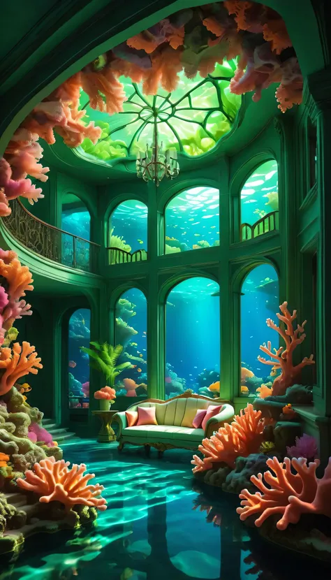 Luminous Coral Mansion: A mansion built from coral-like structures that twist and curl into impossible shapes. The coral walls glow with soft, bioluminescent light in shades of neon green, pink, and orange. Each part of the mansion is shaped like living co...