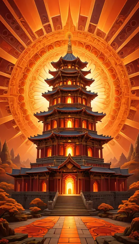 Sunburst Fractal Temple: A vast temple with walls and towers made from interlocking fractal patterns, glowing in shades of fiery orange, gold, and crimson. The design resembles a complex sunburst, with each layer of the structure reflecting and refracting ...