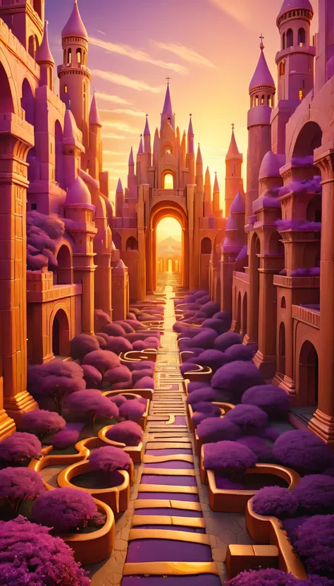 Glimmering Golden Labyrinth: A sprawling maze of intertwined golden arches and towers, each glowing with a warm, amber light. The labyrinths paths are made of reflective surfaces that change color as you walk, shifting from gold to orange, pink, and violet...