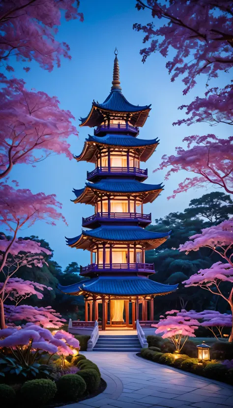 Velvet Garden Pagoda: A pagoda with walls that appear to be made of soft, glowing velvet, illuminated from within by gentle pinks, purples, and blues. The velvet exterior shimmers in the breeze, giving the building an ethereal softness. Surrounding the pag...