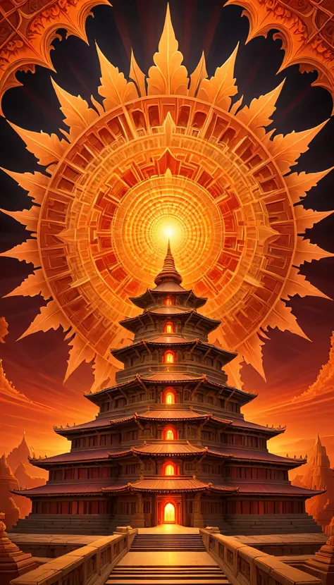 Sunburst Fractal Temple: A vast temple with walls and towers made from interlocking fractal patterns, glowing in shades of fiery orange, gold, and crimson. The design resembles a complex sunburst, with each layer of the structure reflecting and refracting ...