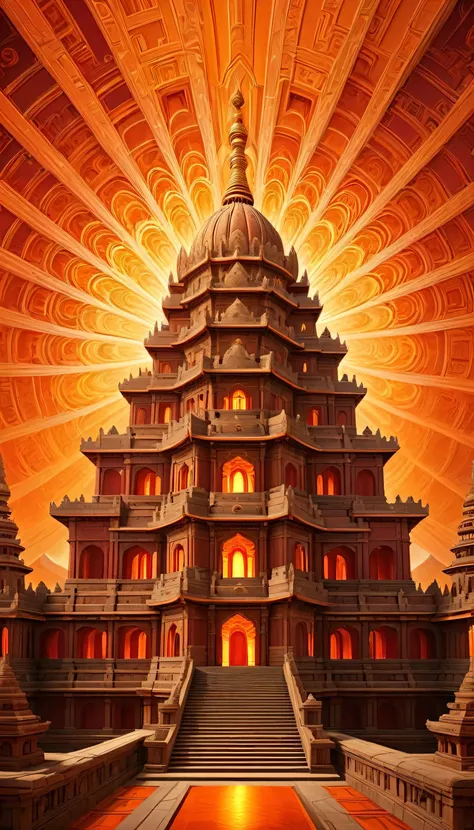 Sunburst Fractal Temple: A vast temple with walls and towers made from interlocking fractal patterns, glowing in shades of fiery orange, gold, and crimson. The design resembles a complex sunburst, with each layer of the structure reflecting and refracting ...