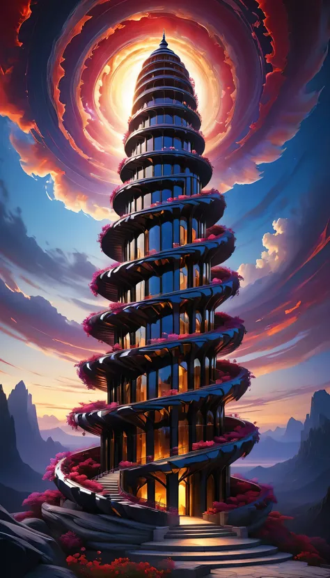 Gleaming Obsidian Spiral: A spiraling tower built from polished obsidian, with streaks of vibrant gold and violet veins running through the stone. The spiral twists impossibly high, and from its surface, floating platforms of glowing light extend outward l...