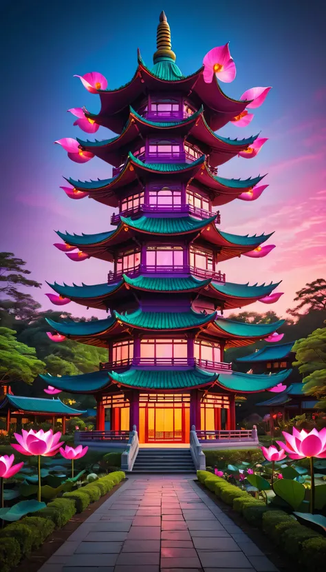 Neon Lotus Garden Pagoda: A pagoda-style building with roofs shaped like giant neon lotus petals. The petals glow in vibrant pinks, purples, and electric greens, casting a radiant glow across the surrounding gardens. The pagoda itself is built from sleek, ...