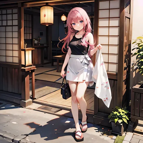 A young woman with middle long hair in a vibrant dark pink color and droopy eyes, standing at the entrance of a traditional Japanese inn. She is dressed in a fitted black tank top that accentuates her curves and a knee-length flared skirt that is slightly ...