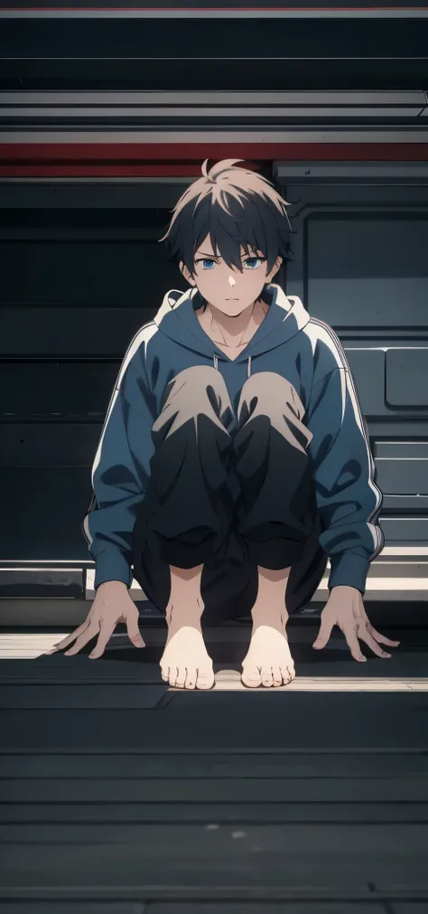 a scene of a anime boy, wearing blue hoodie,pants, seating on a ground, psycho boy, bare foot, day, hoodie, flat background