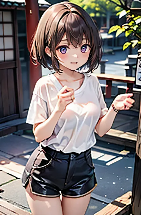 Standing outside a traditional Japanese inn, a young woman with middle short hair and eyelashes. She wears a sheer white t-shirt that subtly reveals her skin and bright-colored shorts that showcase her legs. Her casual style is completed with sneakers. The...