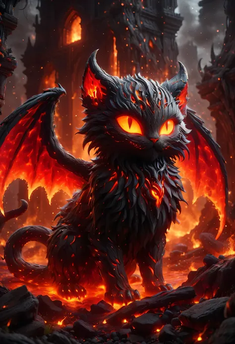 Cute colorful plush Cthulhu, wildlife photography, In the lava swamp, A diabolical hybrid of a cat and a demon in a hellish environment, surrounded by fierce fire and brimstone. The creature possesses piercing crimson eyes emitting an eerie glow, sharp fan...