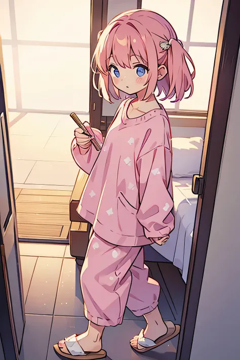 Light pink pajamas、slippers、Walking、Side angle、Walking down the hallway