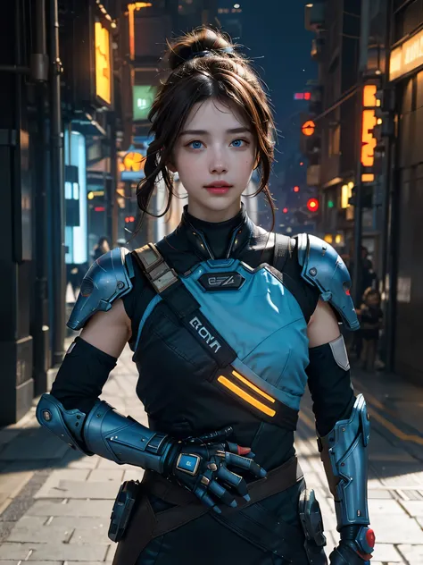 masterpiece,  best quality, , (solo), 1girl, look up, dim light, , Horizon_(apex legends), goggles, blue eyes, brown hair, gauntlets, shoulder armor,  headwear, (freckles:0.5), , (science_fiction), outdoors, street, neon lights, cyberpunk,