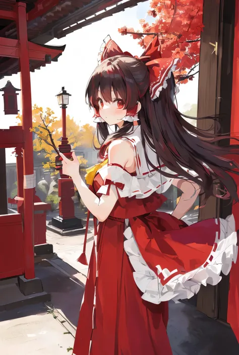 Reimu_Hakurei, Red Dress, Miko, Shrine Background, 1girl, masterpiece, best quality, highly detailed