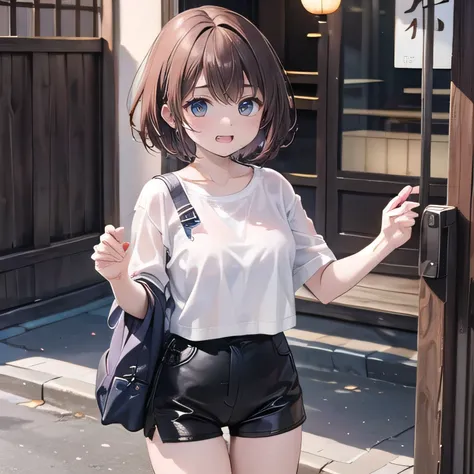 white t-shirt, t-shirt is simple, A young woman with middle short hair and eyelashes stands in the entrance of a contemporary Japanese inn, waiting for her friend. She wears a simple white T-shirt made of a thin, slightly transparent fabric and bright-colo...