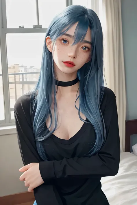 1girl, solo, medium shot, bedroom, freckles,  black shirt, long sleeves, light blue hair, long hair, sfw, indoors, natural lighting, head tilt, choker, big breasts, face detail, lipstick