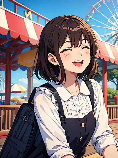 amusement park、woman、Brown Hair、Medium Hair、Frills、Laughing、Eyes closed