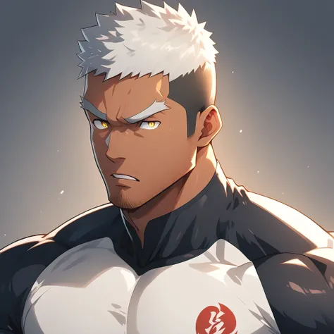 anime characters：Gyee, One Young Muscle Sports Sexy Teacher, negro black skin, Manliness, male focus, Creamy white high collar long sleeve tight T-shirt, Very tight, muscular male, muscular, only, Upper body, White short hair, Thick eyebrows, stubble, Yell...