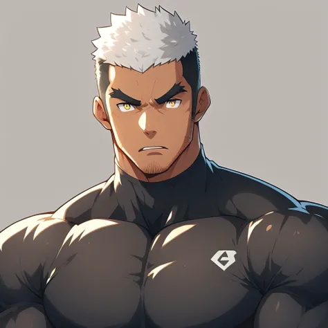 anime characters：Gyee, One Young Muscle Sports Sexy Teacher, negro black skin, Manliness, male focus, Creamy white high collar long sleeve tight T-shirt, Very tight, muscular male, muscular, only, Upper body, White short hair, Thick eyebrows, stubble, Yell...