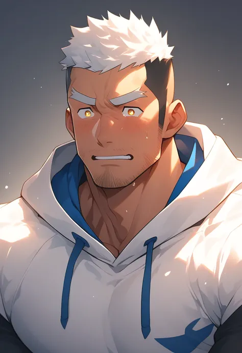 anime characters：Gyee, Young Muscle Sports Sexy Teacher, negro black skin, Manliness, male focus, milky White long-sleeved hooded sweatshirt, Wear a black high-necked tights inside, Very tight, muscular male, muscular, only, Upper body, White short hair, T...