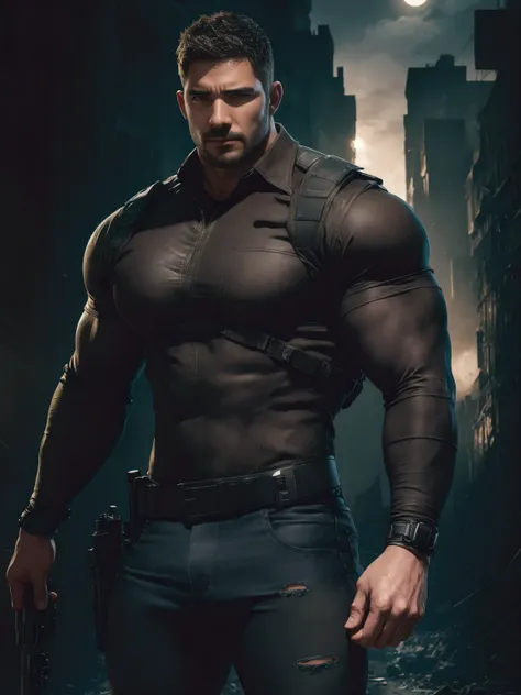 Angry super Muscular man,  Flat head，Ruins ibandoned city, Get your cream long sleeve superhero Moon Knight bodysuit, Tech Bionic Compression Tights，Cream denim texture，His expression was arrogant, Lift your chin, Messy hair, Thick thighs, High Aims Neck L...