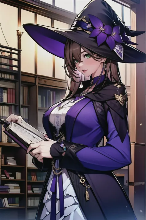 a beautiful girl, perfect face, arms at sides, masterpiece, ultra high res, high quality, 4k, upper body:1.5, herta from honkai star rail ), urple witch hat, green eyes, brown hair, (PureErosFace_V1:0.008), (european:1.6), bangs, dress, rose, jewelry, wit...