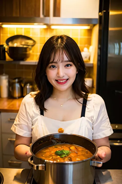 A woman staring at a pot of poisoned curry, fearless smile, flushed cheeks, creepy laugh
