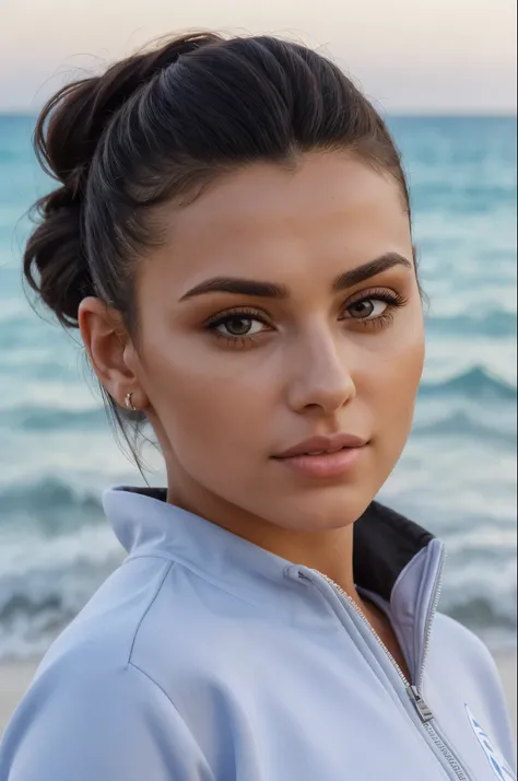 headshot of a gorgeous woman,Armenian, black ponmytail hair, on a (beach:1.1),wearing a (tracksuit:1.1),(hair-bun),(4k, RAW photo, best quality, 35mm, depth of field, ultra high res:1.1),(intricate, photorealistic, cinematic-shot, masterpiece, ultra-detail...