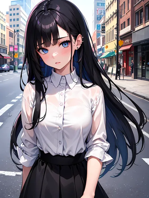 1girl, beautiful detailed eyes, beautiful detailed lips, extremely detailed face, long flowing black hair, piercing blue eyes, wearing plain white shirt, pink skirt, city street background, absurdres, highres, 8k, masterpiece, looking sideways, soft smile,...