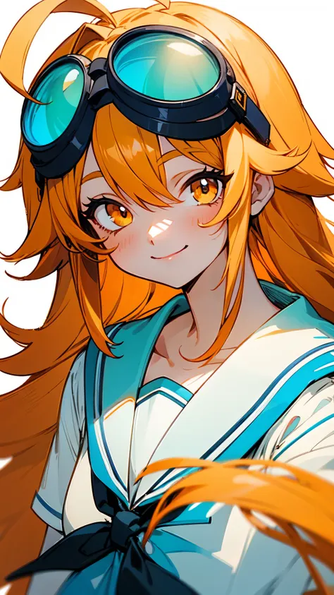 girl 1 person、solo、yellow long hair、ahoge、orange eyes、he has blue goggles on his head.、sailor school uniform、upper body close-up...