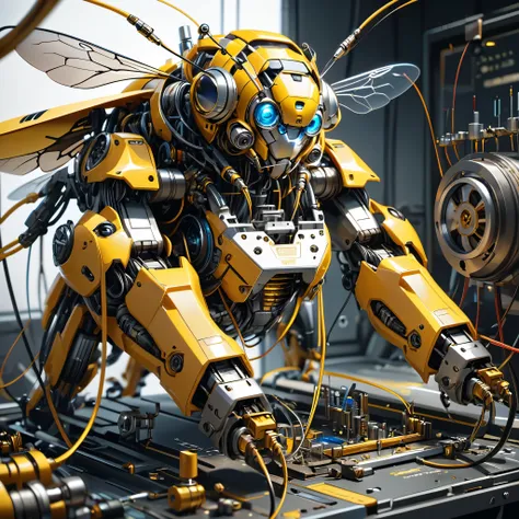 mechanical creatures, Bee, precision instruments, machines, machine parts, LED eyes, wire cables, (ultra detailed, absolutely resolution, best quality:1.3), 2.5D, delicate and dynamic, artistic photography, hyper realistic, graphic CG digital art