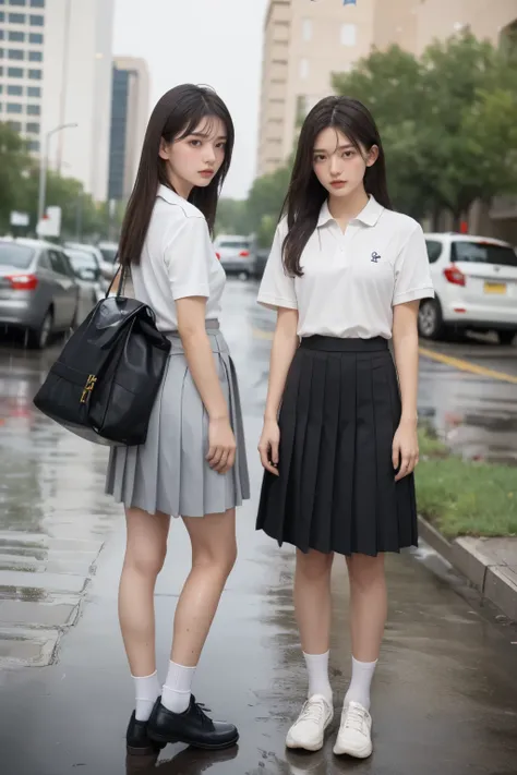 heavy rain, Soaking wet, Long Hair, Watch the audience, smile, bangs, (Two Girls:1.2), skirt, Brown Hair, shirt, Black Hair, Short sleeve, Brown eyes,  Long Hair, standing, white polo shirt, pleated skirt, Open clothes, shoes, socks, Striped, collared shir...