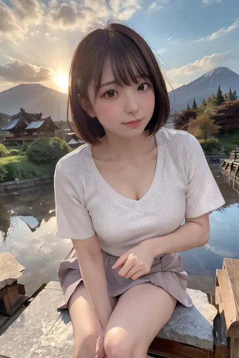 8k, raw photo, best quality, hires, realistic, photorealistic, extremely detailed 8k wallpaper, beautifully detailed eyes, finely detailed face, 
 break 
professional lighting, [rim lighting], 
 break 
(the sun is just falling into top center of the mount-...