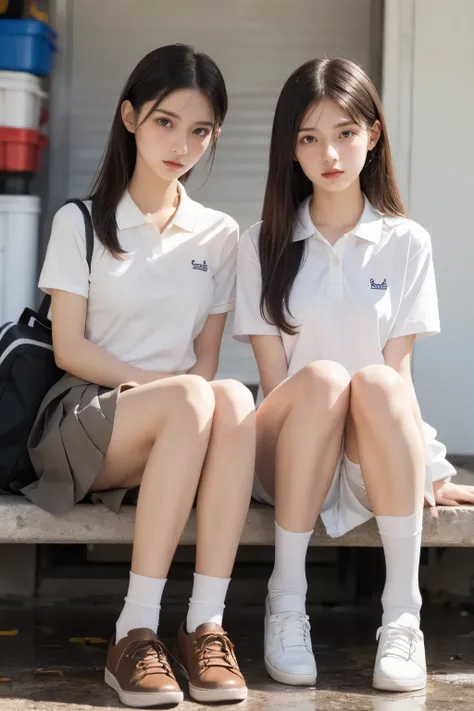 heavy rain, Soaking wet, Long Hair, Watch the audience, smile, bangs, (Two Girls:1.2), skirt, Brown Hair, shirt, Black Hair, Short sleeve, Brown eyes,  Long Hair, sitting in garage, white polo shirt, pleated skirt, Open clothes, shoes, socks, Striped, coll...