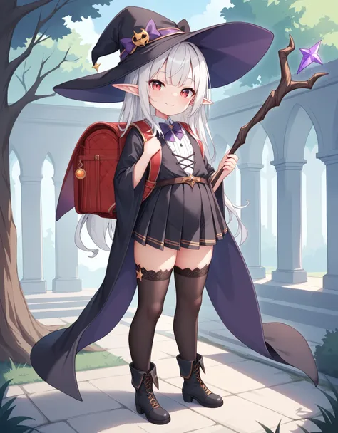 masterpiece, hd, 2d, top-quality, full body, witch's hat, belt to hat, white hair, long hair, smooth straight hair,elf, pointed ...