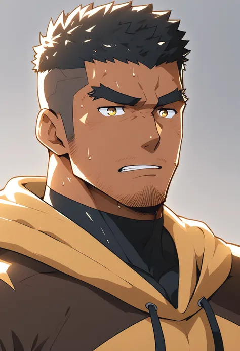 negro, anime characters：Gyee, Young Muscle Sports Sexy Teacher, sweat, negro black skin, Manliness, male focus, Brown long-sleeved hooded sweatshirt, Wear a black high-necked tights inside, Very tight, muscular male, muscular, only, Upper body, Brown short...