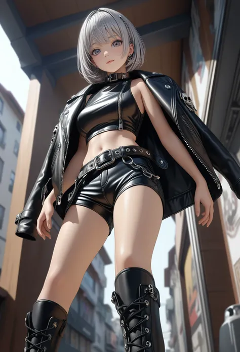 ((masterpiece, best quality, photorealistic, high res image, very aesthetic, absurdres, 32K, highly detailed, anime art style, full body shot, contrapposto, from below)),18yo, (glossy silver hair), (bob cut:1.2), bang between eyes, (detailed dark silver ey...