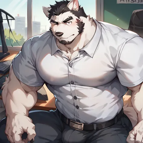 Scribble Wolf face,Humanity(Wolf),(campus:1.3),Muscular,(Black eyebrows:1.1),(Close one eye),White fur，black hair，Black beard，（artist:Takemoto Arashi），campus，（Hip bulge:1.3），tease