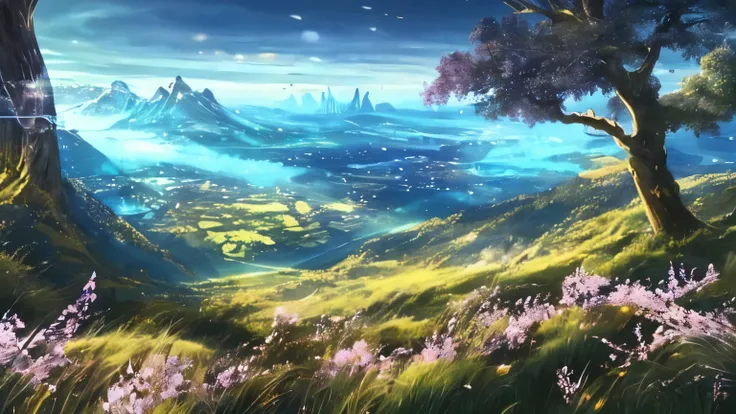 A fantasy medieval world in anime art style. There is a open bright sky and the city on the middle bottom of the image with forest on each sides of the picture.